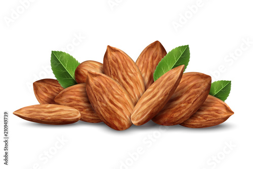 Fotobehang Heap of almond nuts with leaves