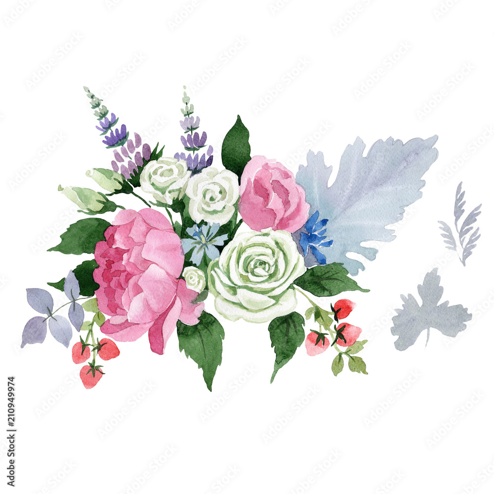 Bouquet flower. Floral botanical flower. Wild summer leaf wildflower  isolated. Aquarelle wildflower for background, texture, wrapper pattern,  frame or border. Stock Illustration | Adobe Stock