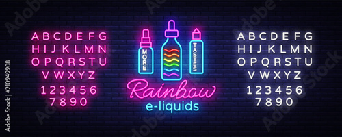 Vape Shop Logo Neon Vector. Rainbow e-liquids concept, Vape neon sign design template, light banner, night bright advertising for Vaping store, Trendy modern design. Vector. Editing text neon sign
