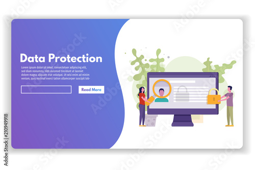 GDPR, Data Protection, Teamwork concept.  Businessman and businesswoman character Vector illustration in flat style.