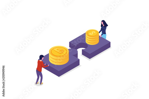 Unity, teamwork isometric concept. Connect two puzzle piece. Vector illustration.