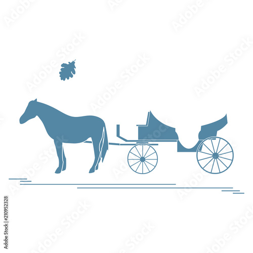 Vector illustration with horse-drawn carriage and oak leaf. Travel and leisure.