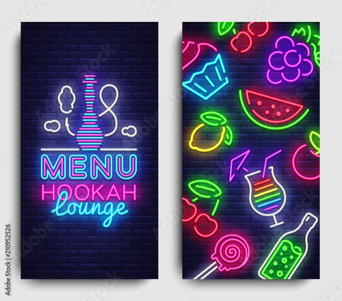 Hookah lounge menu design template vector. Hookah lounge typography modern trend design, vertical banners, nightlife neon advertising hookah. Vector Illustration