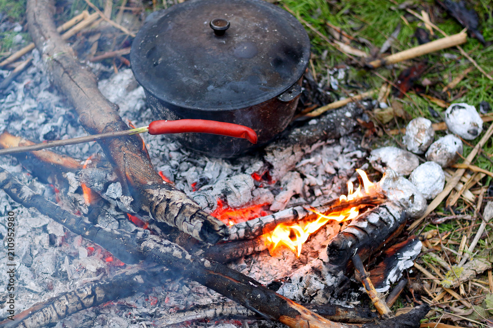 Sausages on stick frying on camp fire near cauldron. Picnic near the forest on a cold autumn day Sausages on stick frying on camp fire near cauldron. Picnic near the forest on a cold autumn day