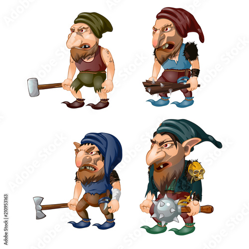 Set of goblins with a bludgeon, axe, hammer and club. Fantastic inhabitants of the forest. Vector illustration.