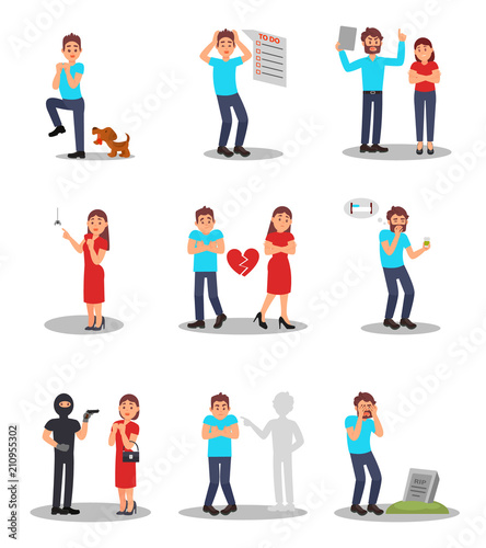Flat vector set of people in various stressed situations. Cartoon characters of young men and women with different emotions © Happypictures