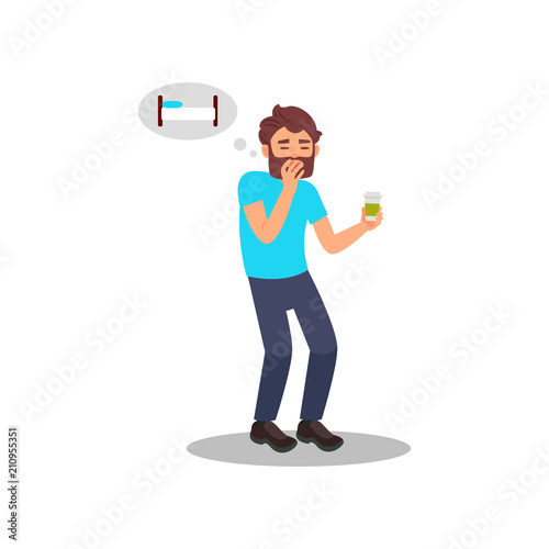 Tired man with cup of coffee in hand dreaming about sleep. Young sleepy yawning guy. Cartoon Flat vector icon