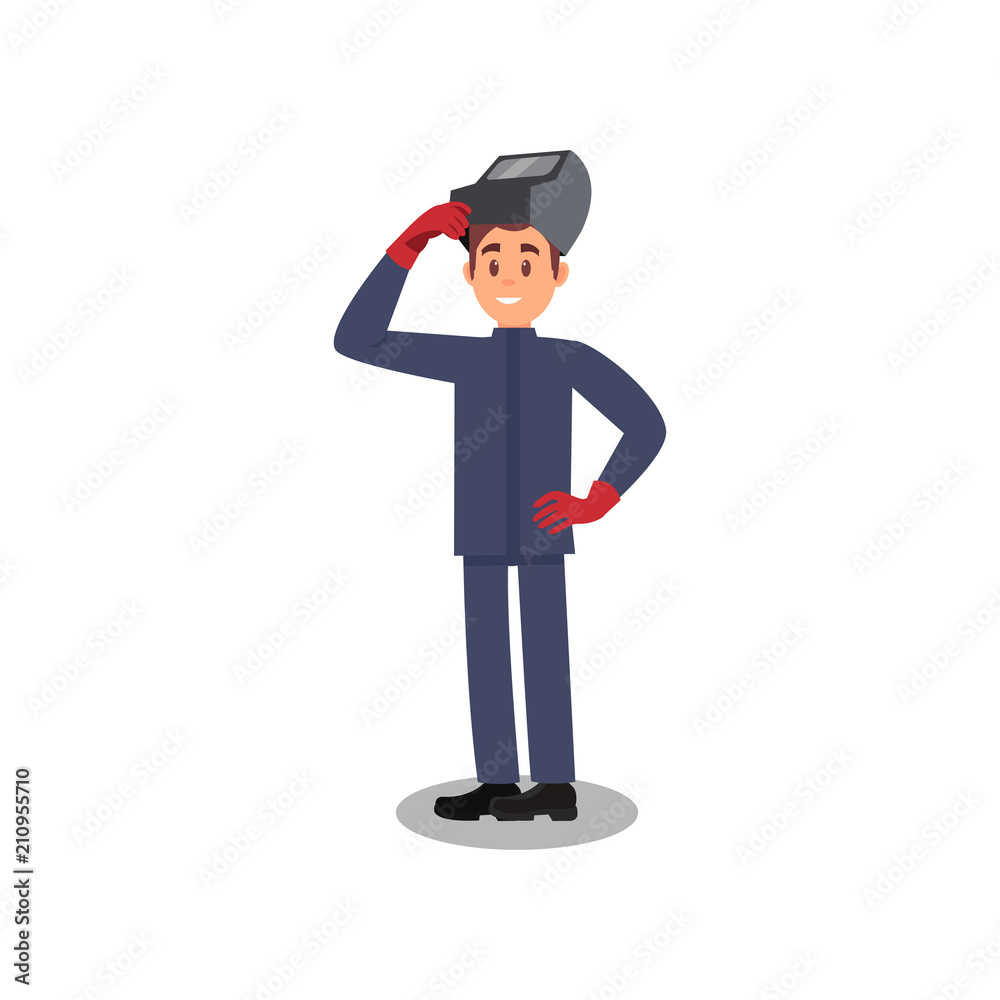 Portrait of professional welder. Young smiling man in welding mask, blue uniform and red protective gloves. Flat vector design