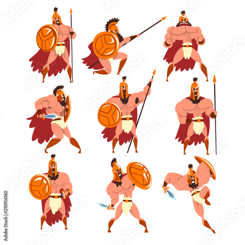 Spartan warriors in golden armor and red cape set, ancient soldiers characters vector Illustrations on a white background
