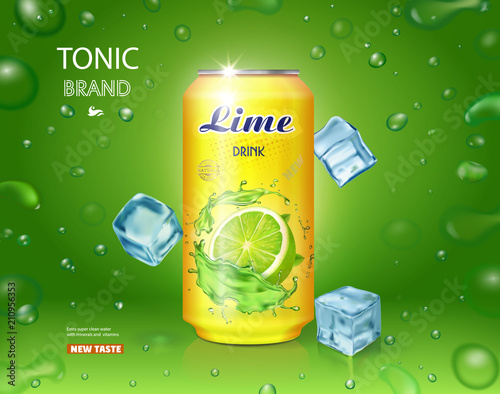 Lime juice drink advertising Vector mojito cocktail with ice cubes