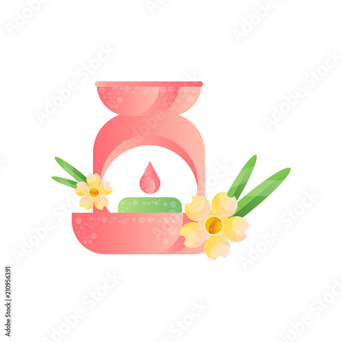 Aroma lamp and frangipani flower, aromatherapy spa design element vector Illustration on a white background