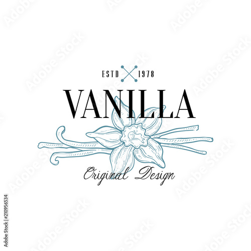 Vanilla logo original design estd 1978, culinary spice emblem, badge for cosmetics, bakery, bake shop, natural products vector Illustration on a white background