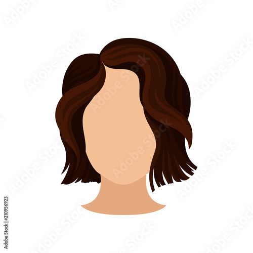 Stylish women s haircut. Female head with short wavy brown hair. Trendy haircut. Flat vector element for poster of beauty salon