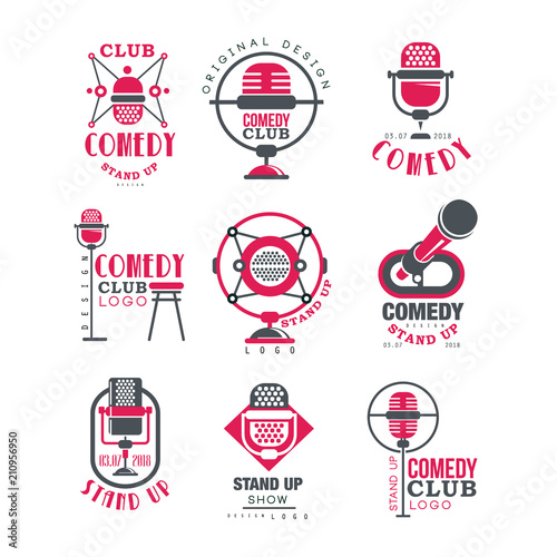 Comedy club logo design set, stand up show signs with retro microphone vector Illustrations on a white background
