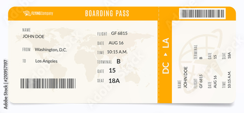 Modern airplane template. Realistic plane admission. Boarding pass illustration.