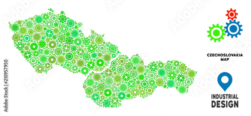 Gear Czechoslovakia map collage of small cogwheels. Abstract territorial plan in green color hues. Vector Czechoslovakia map is done of gearwheels. Concept of technician service. photo