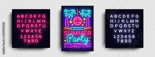 Summer party invitation card design template. Summer party poster in neon style, modern trend design, light banner, bright advertising party, neon typography. Vector. Editing text neon sign