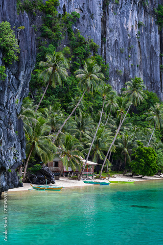 Hidden beach surrounded by palm trees