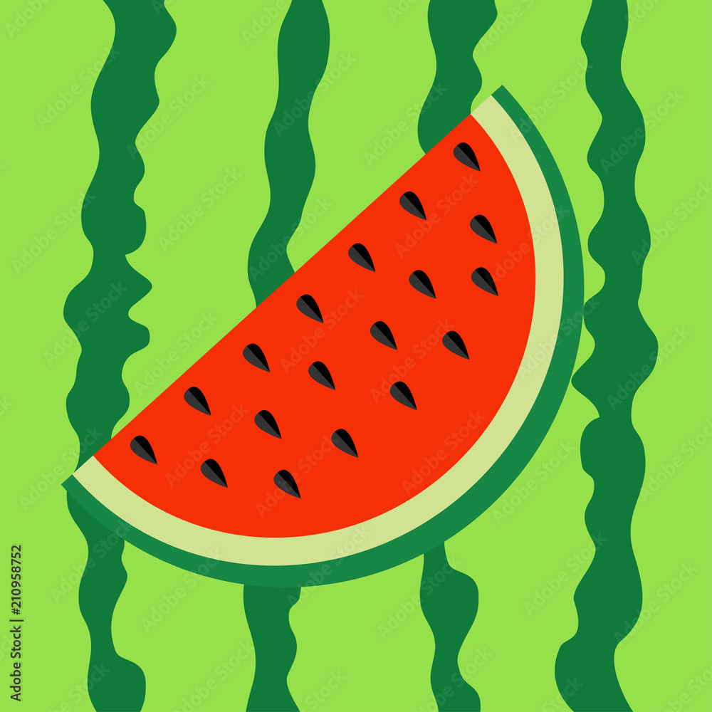 Watermelon slice icon. Cut half seeds. Red fruit berry flesh. Sweet water melon. Natural healthy food. Tropical fruits. Green striped peel background. Watermelon slice icon. Cut half seeds. Red fruit berry flesh. Sweet water melon. Natural healthy food. Tropical fruits. Green striped peel background.