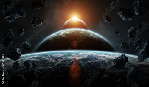 Fototapeta Naklejka Na Ścianę i Meble -  Distant planet system in space with exoplanets 3D rendering elements of this image furnished by NASA