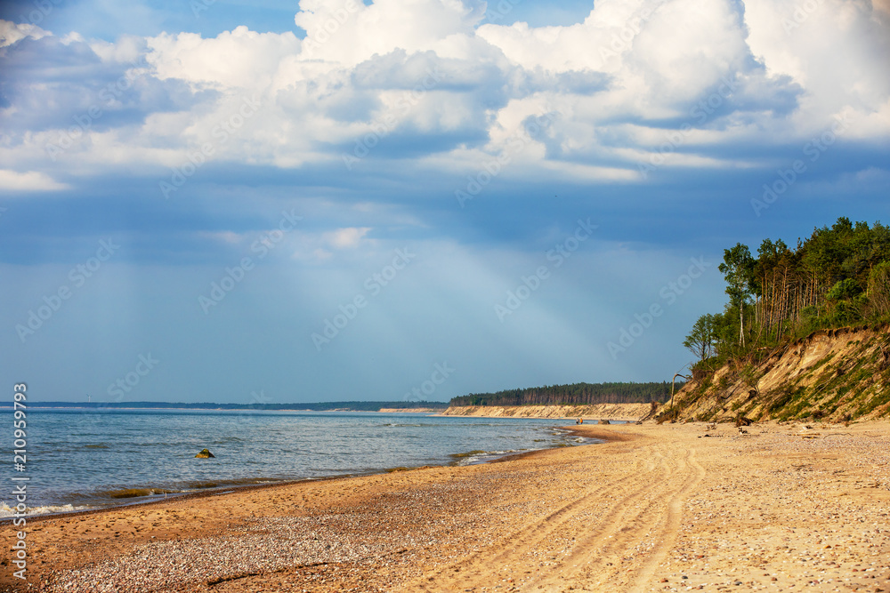 View of the sea and the beach and bluffs in Jurkalne, Latvia.