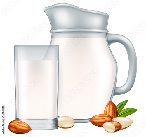 Pitcher and glass of almond milk. Vector illustration.