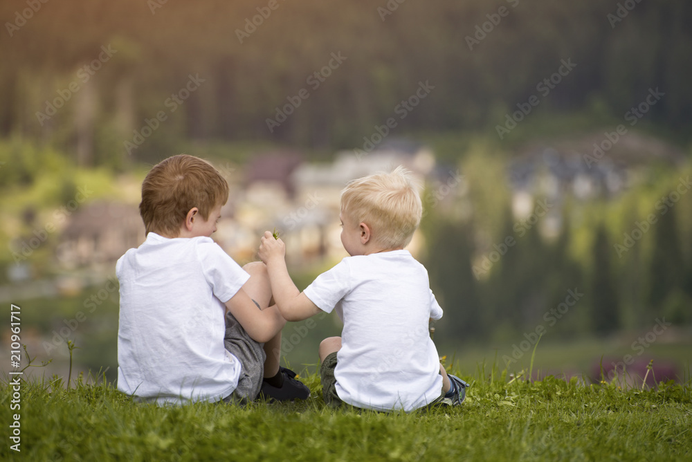 Two boys sit on a hill and have fun. Back view