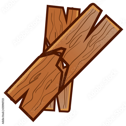 Two broken planks isolated on white background. Karate competitions. Vector cartoon close-up illustration.