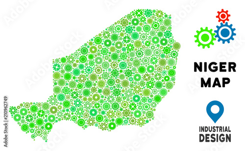 Gear Niger map mosaic of small cogwheels. Abstract geographic scheme in green color tints. Vector Niger map is done of gearwheels. Concept of industrial workshop.