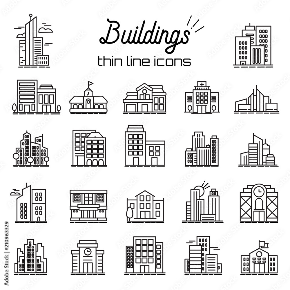 Building icons set. City, Headquarters and Buildings line Vector Icons