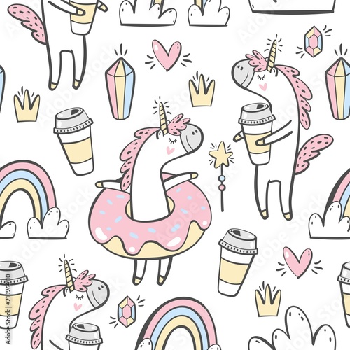 Vector seamless pattern with cute unicorn, donuts and coffee