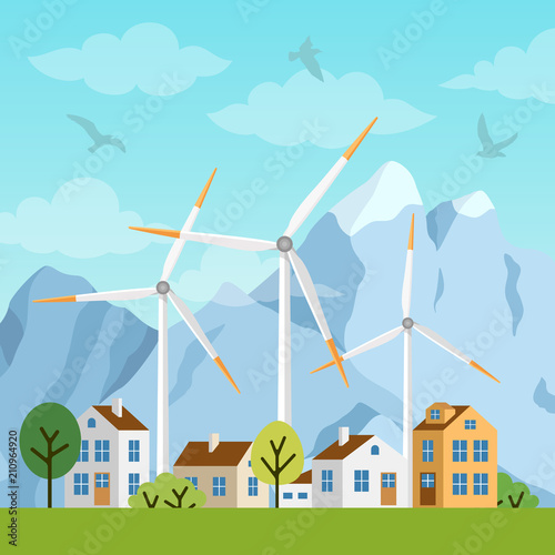 Landscape with private houses and windmills on a background of mountains and hills. Wind generator turbines produce eco renewable energy in nature. Alternative sources of energy.