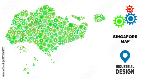 Gear Singapore map mosaic of small wheels. Abstract territory scheme in green color tones. Vector Singapore map is formed with gear wheels. Concept of technical work.