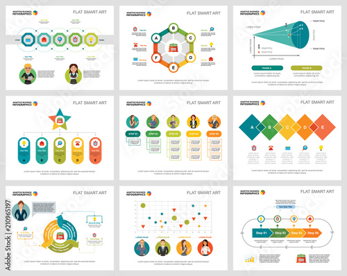 Colorful management or finance concept infographic charts set. Business design elements for presentation slide templates. For corporate report, advertising, leaflet layout and poster design.