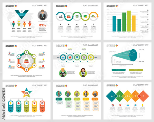 Colorful management or teamwork concept infographic charts set. Business design elements for presentation slide templates. Can be used for financial report, workflow layout and brochure design.