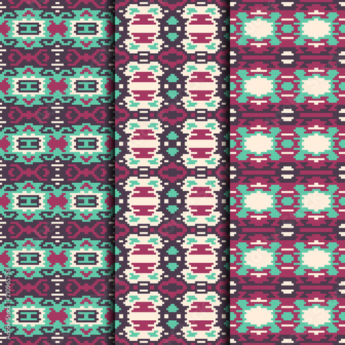 Set of 3 seamless patterns tribal design. Ethnic textile prints. Vector fashion backgrounds.