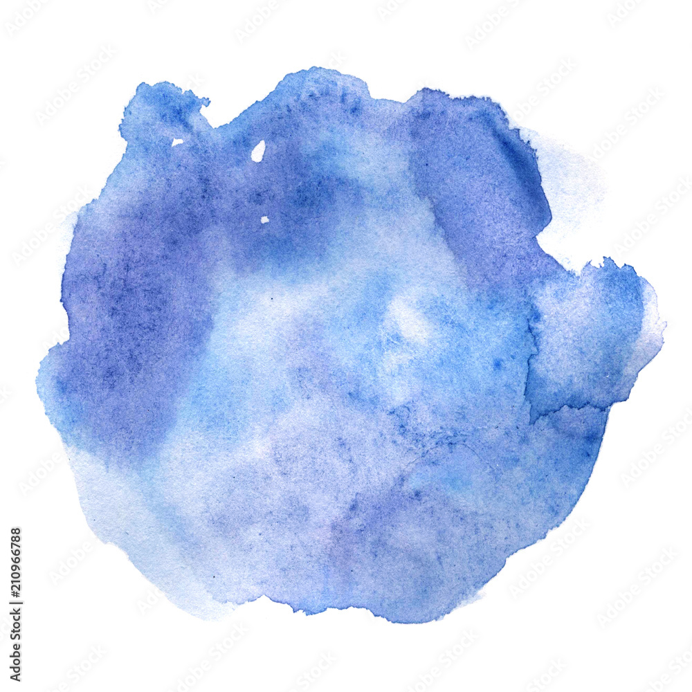 Blue watercolor spot with drip and gradient. Hand-painted illustration