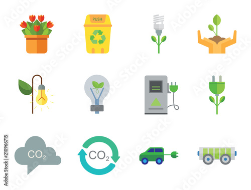 Eco Icon Set. Electrocart Flowers Electrocar Carbon Dioxide Cycle CO2 In Cloud Eco-friendly Lightbulb Circulation Sign Electric Plug Flower Lamp Flower Environmental Protection Eco Energy Recycle Bin photo