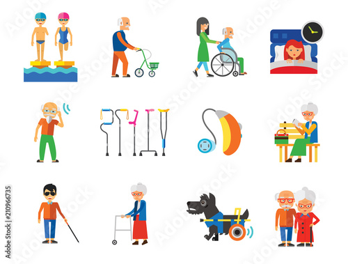 Disabled Icon Set. Blind Crutches Deaf Hearing Aid Insomnia Walker Elderly People Old Age Sportsman With Prosthesis Nurse And Patient Amputated Limbs Disabled Dog