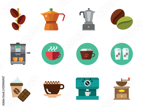 Coffee Icon Set. Beans Coffee Machine Mill Coffee Maker Drink And Chocolate Growing Beans Pot Turkish Coffee Takeaway Cups Cappuccino Cup Disposable Cup Hot Drink