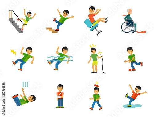 Accident Icon Set. Falling From Chair Falling Down Stairs Boy Slipping Stumbling Falling Boy With Broken Arm Man With Broken Leg Drowning Man Brick Falling On Man Electrical Shock Man In Wheelchair