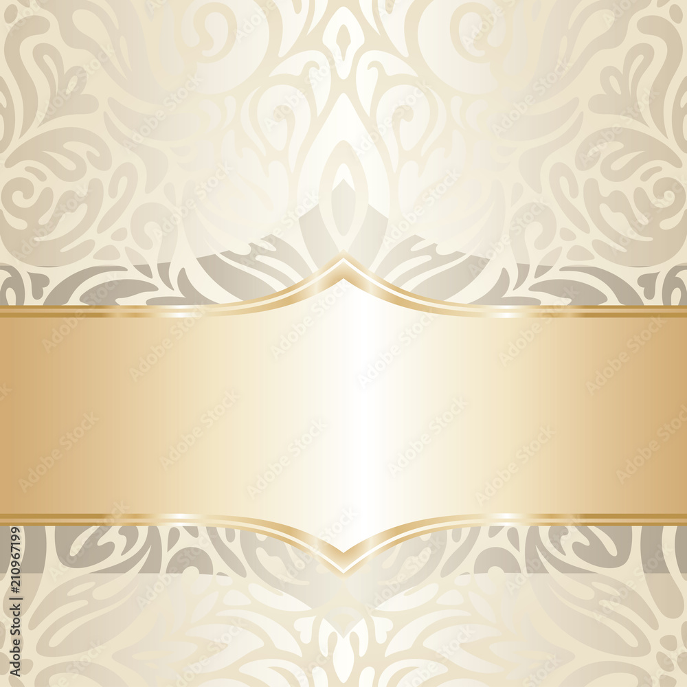 Floral wedding invitation wallpaper trend design in ecru & gold, with blank space gentle shiny