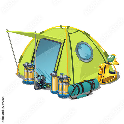 Yellow tent with equipment for diving isolated on white background. Vector cartoon close-up illustration.