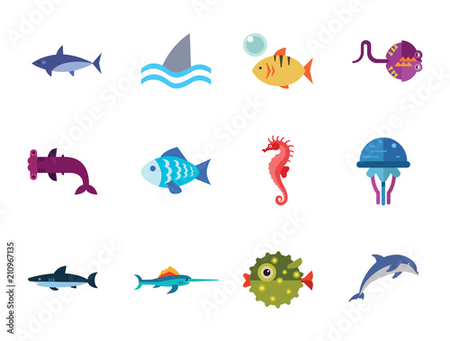Fish icons set with dolphin, shark and seahorse. Thirteen vector icons