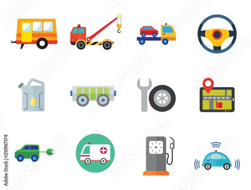 Car Icon Set. Steering Wheel Tire Electric Car Spanner And Car Wheel Petrol Jerrican Electrocart Tow Truck Caravan Petrol Station Ambulance Car GPS Tow Truck With Crane