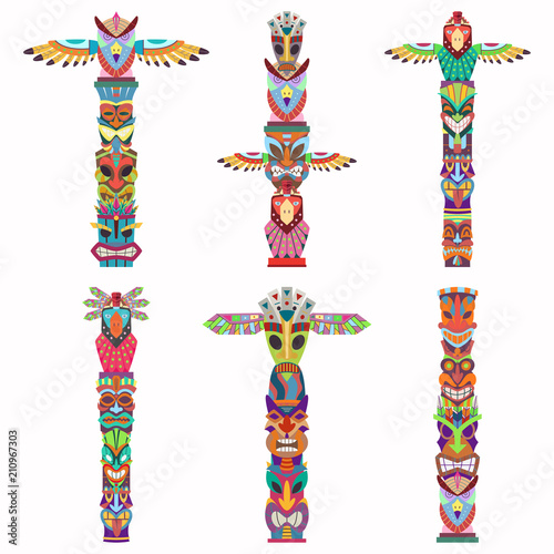 Traditional totem pole with tiki mask and eagle. Vector cartoon flat icons set isolated on white background. photo