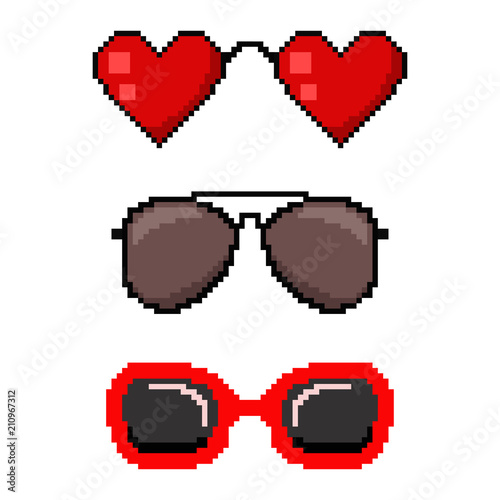 Pixel art sunglasses. Vector 8 bit game web icon set isolated on white background.
