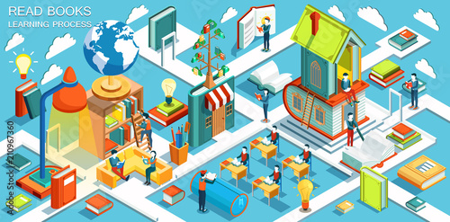 The process of education, the concept of learning and reading books in the library and in the classroom. Isometric flat design. Vector illustration