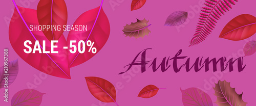 Autumn lettering on pink background. Shopping season sale fifty percent lettering with leaves. Illustration with lettering can be used for banner, posters and leaflets