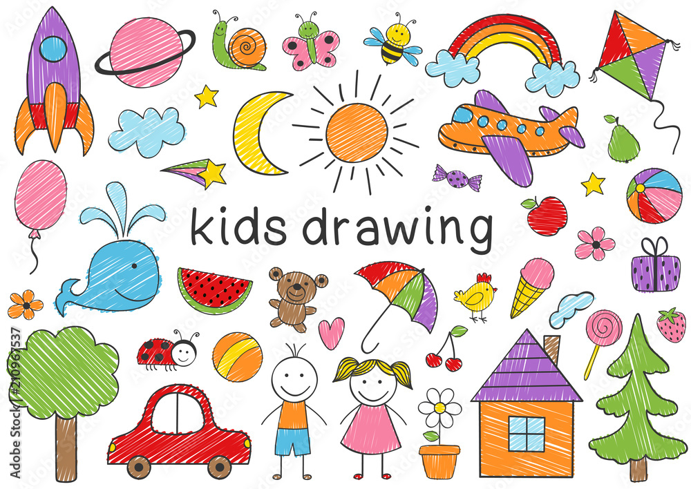 set of isolated colored kids drawing - vector illustration, eps